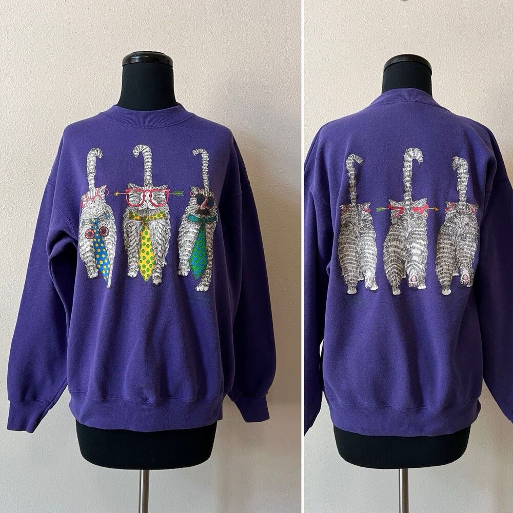 Vintage 90s Funny Cats Sweatshirt Large Whimsical Wearing Glasses Ties Hanes